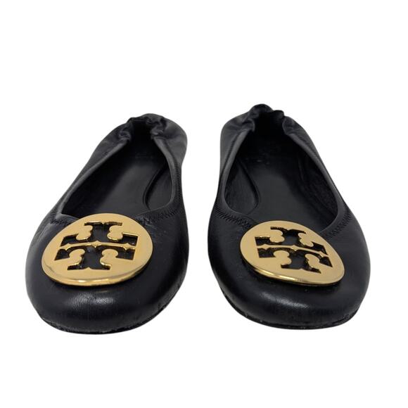 Tory Burch Minnie Black Leather Ballet Flats Gold Logo Size 7 - Picture 2 of 7